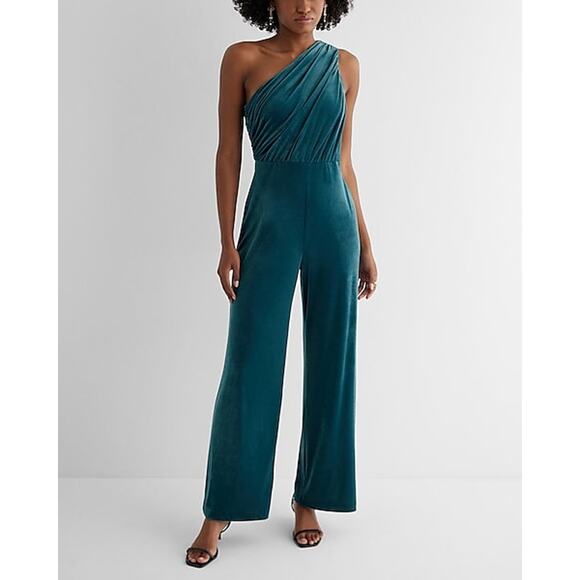 Express Velvet One Shoulder Ruched Wide Leg Jumpsuit Women Size XL NEW Party - Picture 1 of 14